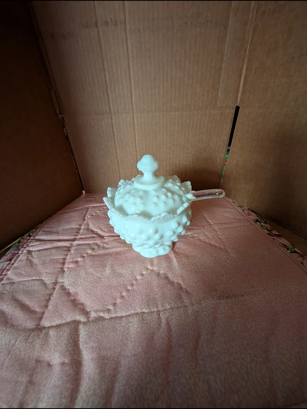 White Hobnail Milk Glass Lidded Jam Jar - with Spoon